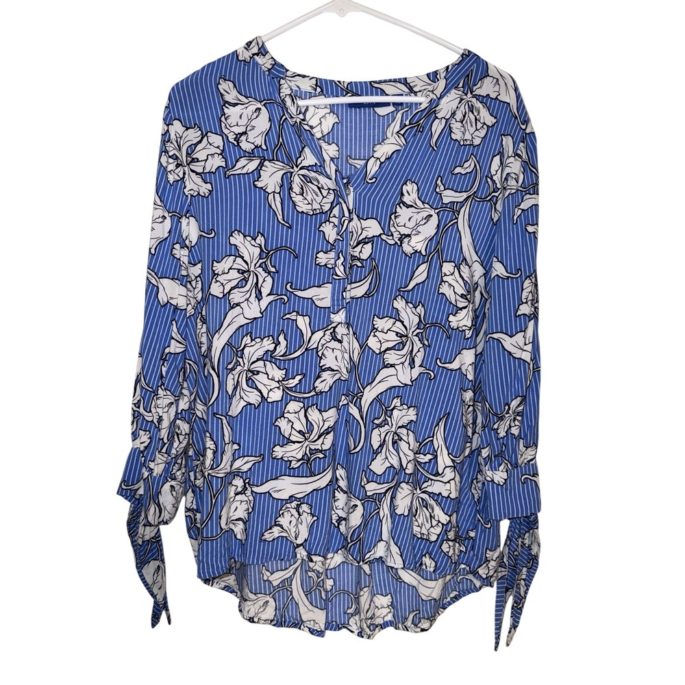 Apt 9 Womens Blue White Floral Pinstripe Tie Cuff Rayon Blouse Large